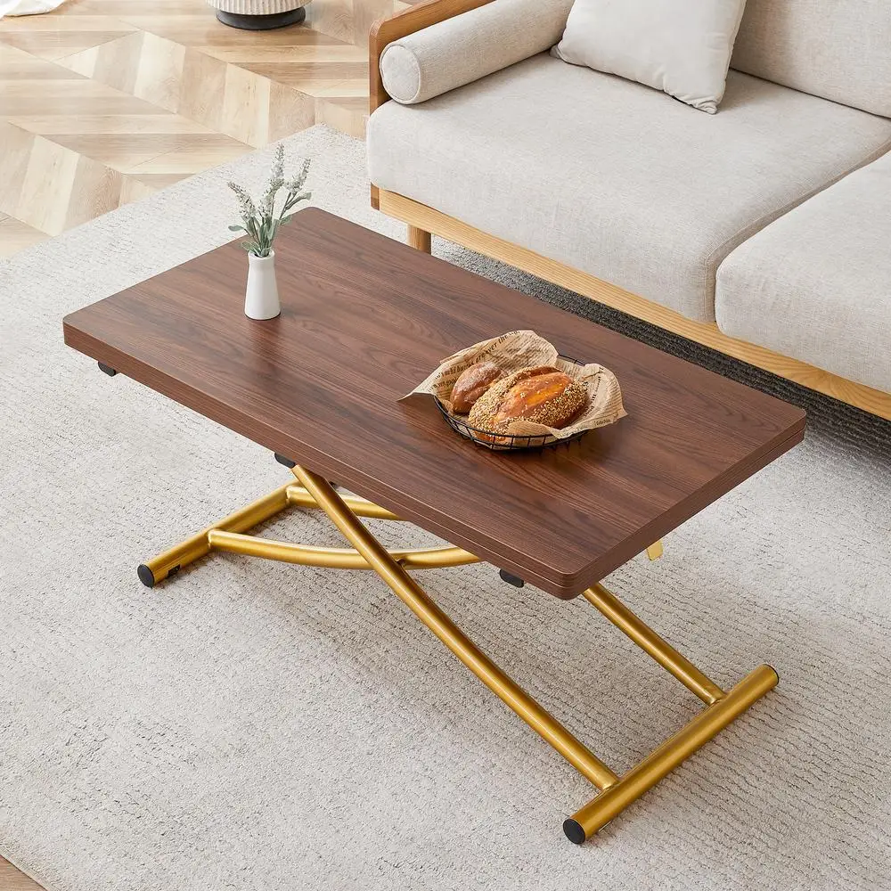 โต๊ะกาแฟแบบยกได้ทันสมัย ลายไม้วอลนัท หน้าโต๊ะ MDF ขาโลหะสีทอง ปรับความสูงได้ โต๊ะอเนกประสงค์