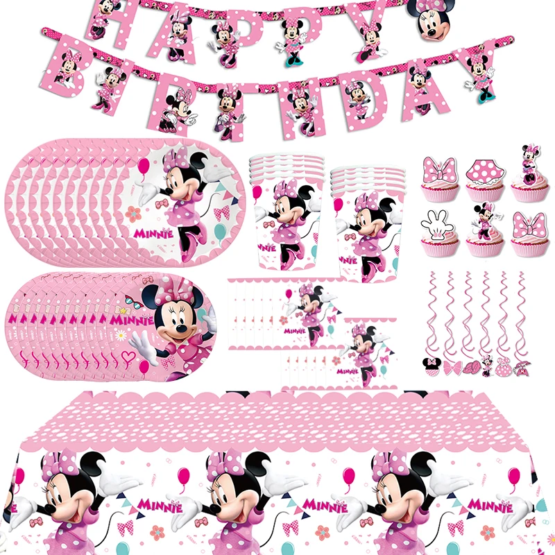 

Disney Birthday Party Minnie Mouse Girls Decoration Disposable Paper Tableware Tablecloth Cups Plates Balloon Baby Shower Party