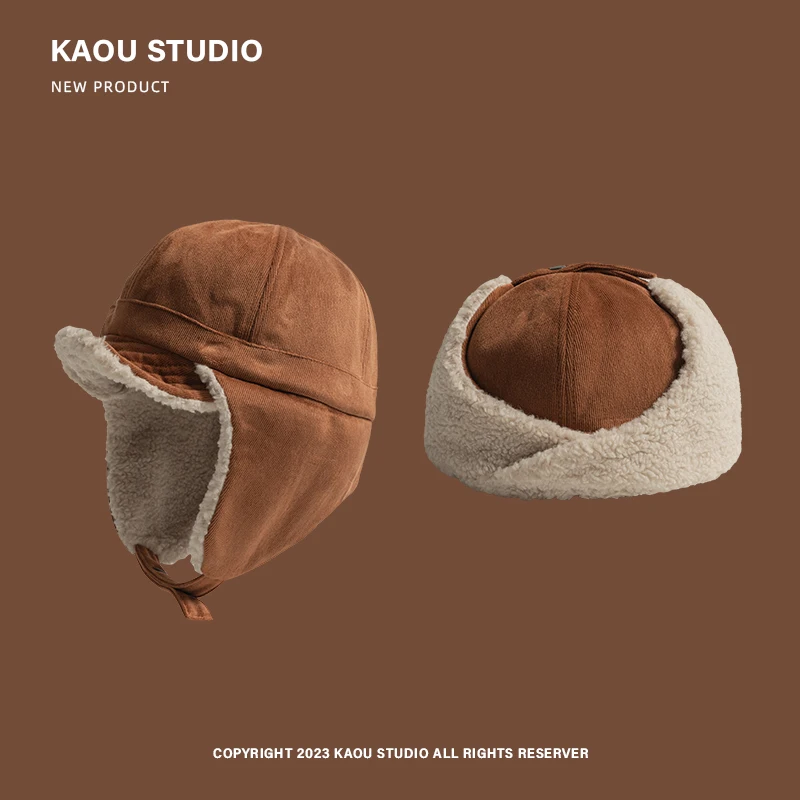 Ins Casual Retro Imitation Lamb Wool Ear Protection Bomber Cap Autumn and Winter Warm Thickened Harajuku Simple Pilot Hats Women