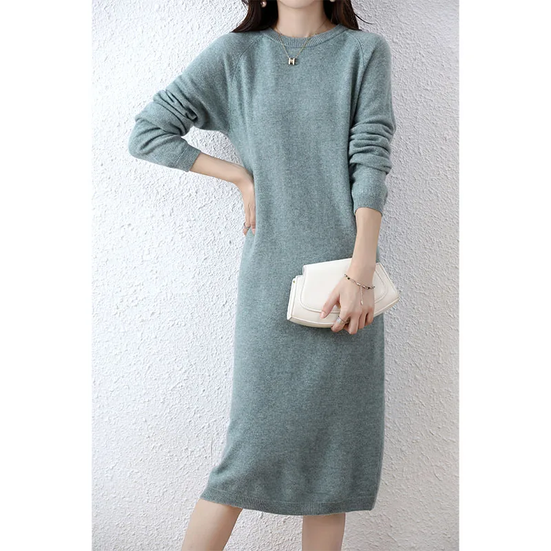 Cashmere Sweater Knitted Dresses 100% Merino Wool Women\'s Winter Female Elegant Pullovers Dress Autumn Casual Long Sleeve Skirts