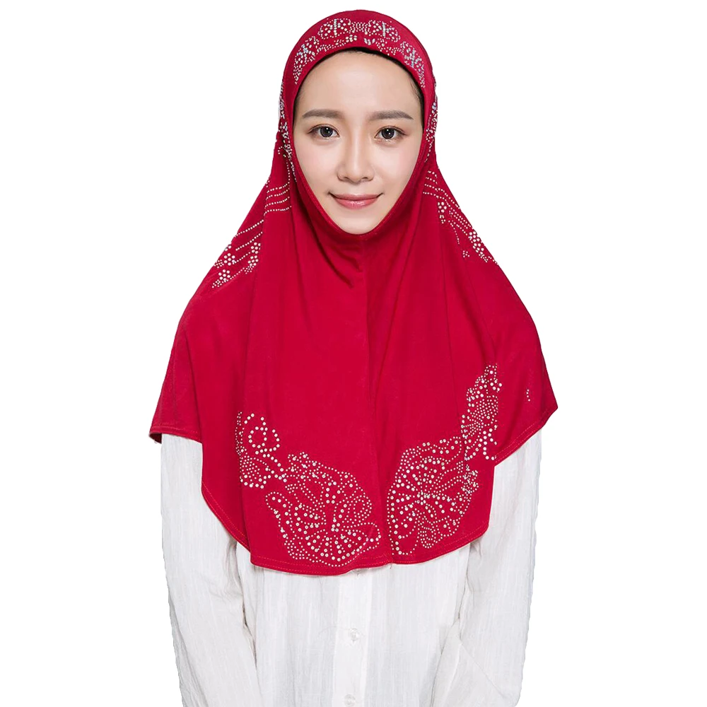

High Quality Medium Size 70*60Cm Muslim Amira Hijab with Rhinestones Pull On Islamic Scarf Head Wrap Pray Scarves Eid Shawl Wrap