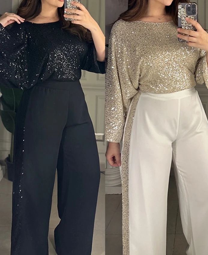 

2 Piece Contrast Paneled Batwing Sleeve Round Neck Top Contrast Sequin Wide Leg Pants Causal Pants Set 2025 Autumn Winter New