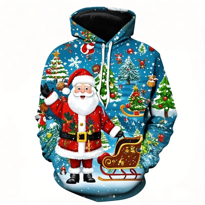 Santa Claus Printing Hoodies For Men Merry Christmas Tree Xmas Snowman Graphic Pullovers Sweatshirts Kids Gifts Hoodie Clothes