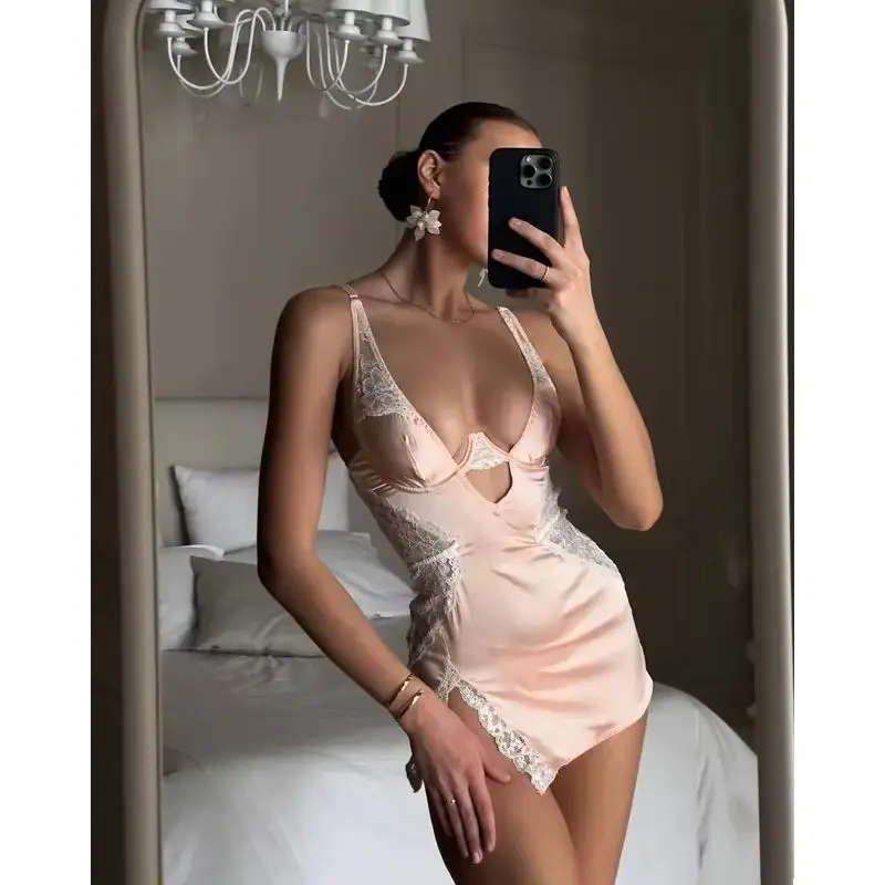 Sexy Deep-V Neck Satin Dress Sexy Lingerie Lace Patchwork Split Sissy Night Dress Women Slip Dress Silk Nightwear