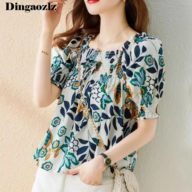 

Женская летняя одежда, модная универсальная рубашка с квадратным воротником и принтом, женские повседневные милые блузки в Корейском стиле с пышными рукавами