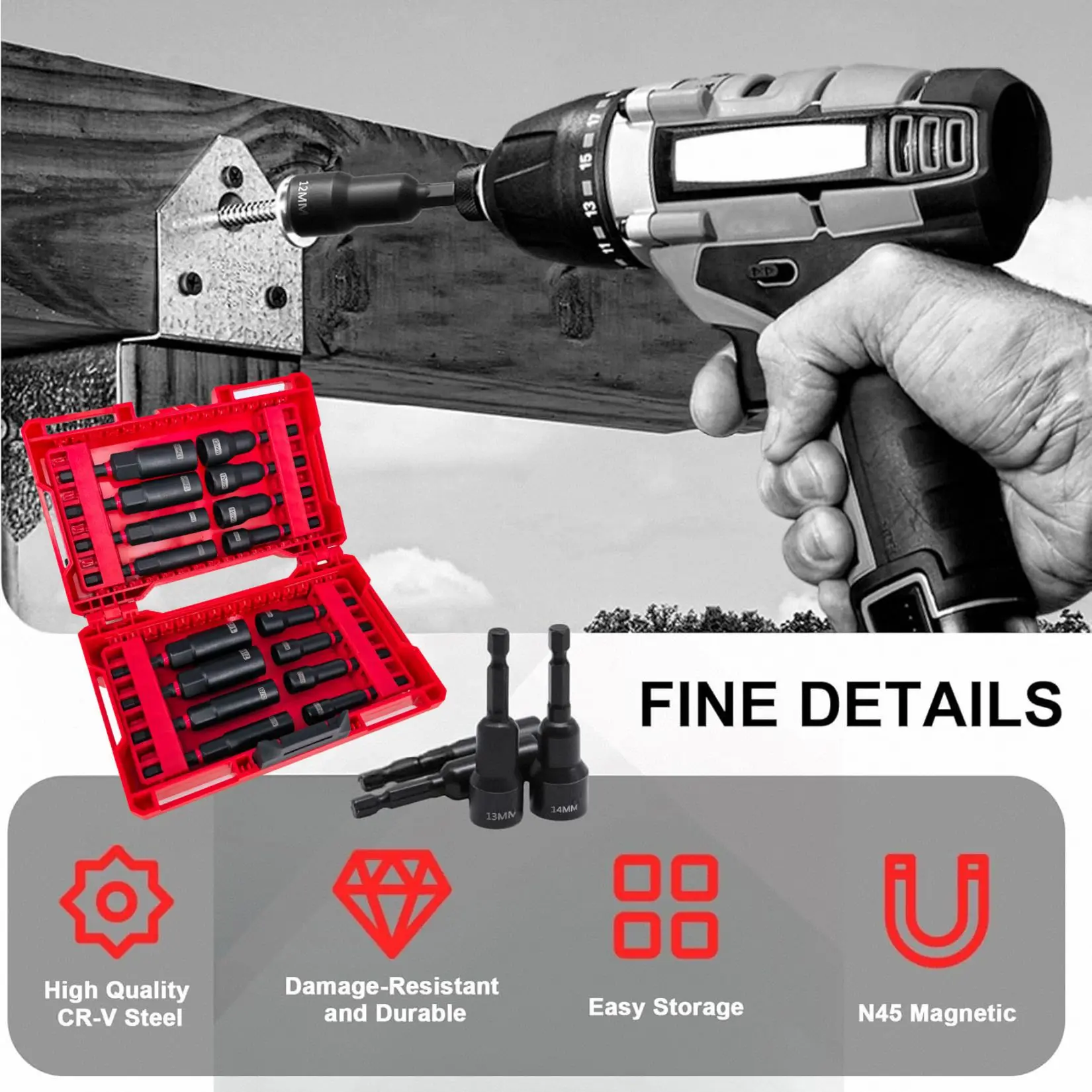 

16PCS Strong Magnetic Metric Imperial Sleeve Set Black Impact Resistant Socket Kit