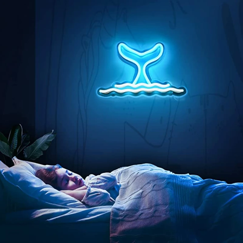 Blue Whale Tail Wave Neon Sign Art Wall Lamp USB Aesthetic Room Decoration Gift For Kid BedRoom Home Bar Party Funny LED Lights