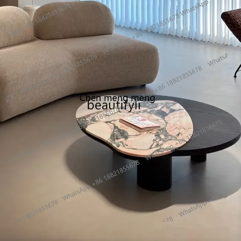 178New Chinese natural luxury stone marble, irregular small apartment cream wind wooden coffee table2936