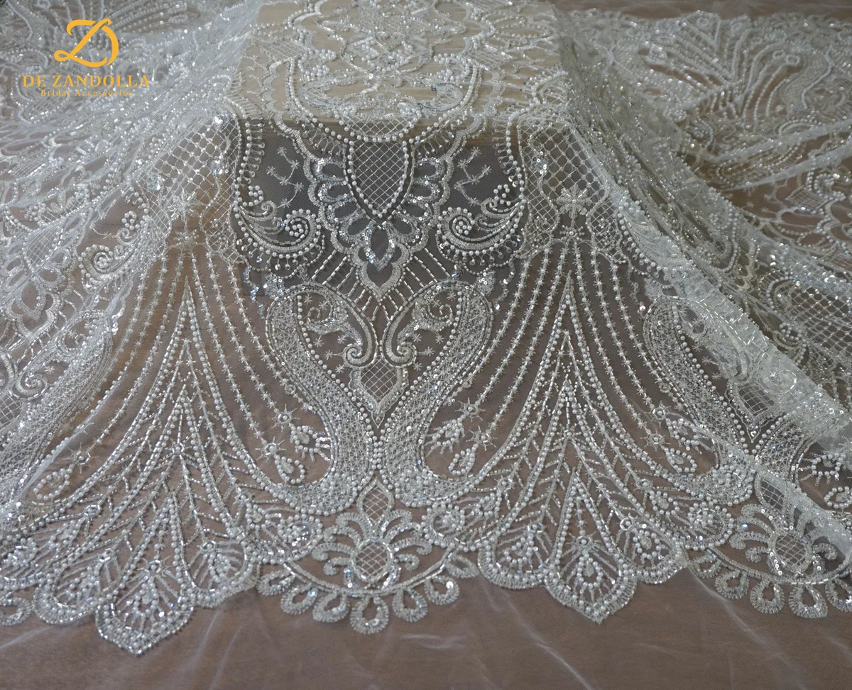 1 Yard Silver Bridal Dress Lace Fabrics Pearls Sequins Tulle Embroidery Width 120cm Party Gowns Lace  with Beads  Accessories