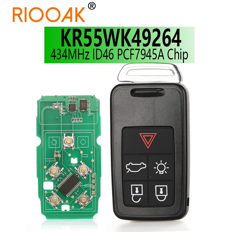 

5 Button 434Mhz ID46 Chip Remote Car Key Smart Car Key Fob KR55WK49264 for Volvo XC60 S60 S60L V40 V60 S80 XC70