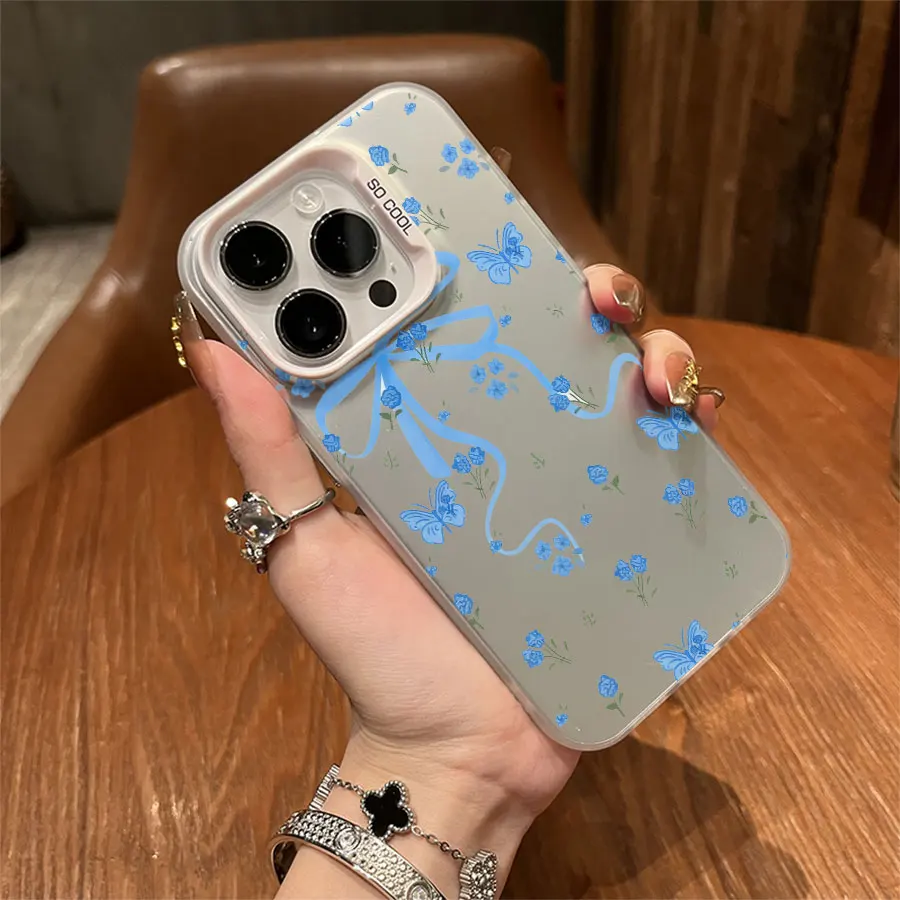 青い花柄のリボン付きiPhone 17～11 Pro Max Plus用スマホケース