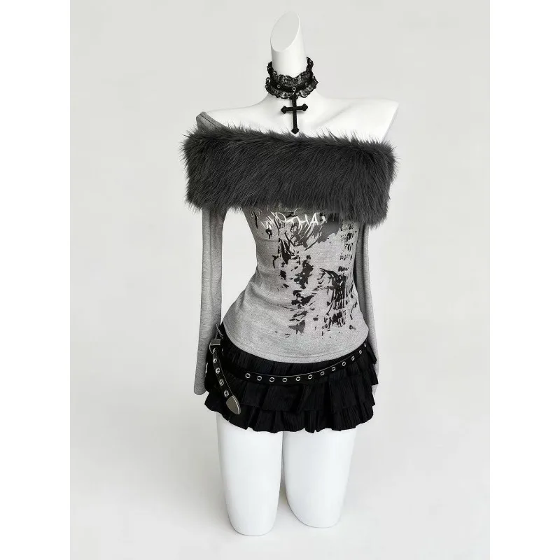 Dark Niche Light Sub-punk Print Design Right Shoulder Top for Women Autumn New Fur Collar One Shoulder Bottoming Shirt