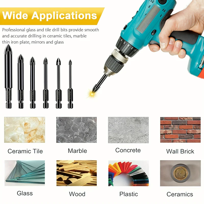 6PCS Multifunctional Drill Bits Set Tungsten Ceramic Triangle Drill Bit Set For Ceramic/Tile/Concrete/Brick Wall Drilling Tools