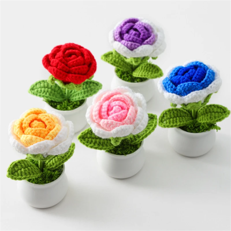 Finished Yarn Knitted Rose Small Potted Plant Gradually Changing Color Office Decoration Gift Simulation Quantity 10