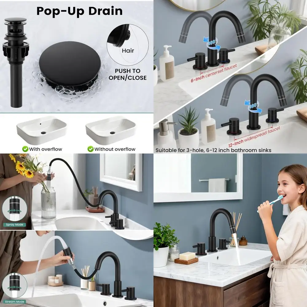

3-Hole Matte Black Pull-Down Faucet with Pop-Up Drain, Dual-Mode Spray, 8 Gold Bathroom Sink Mixer Tap