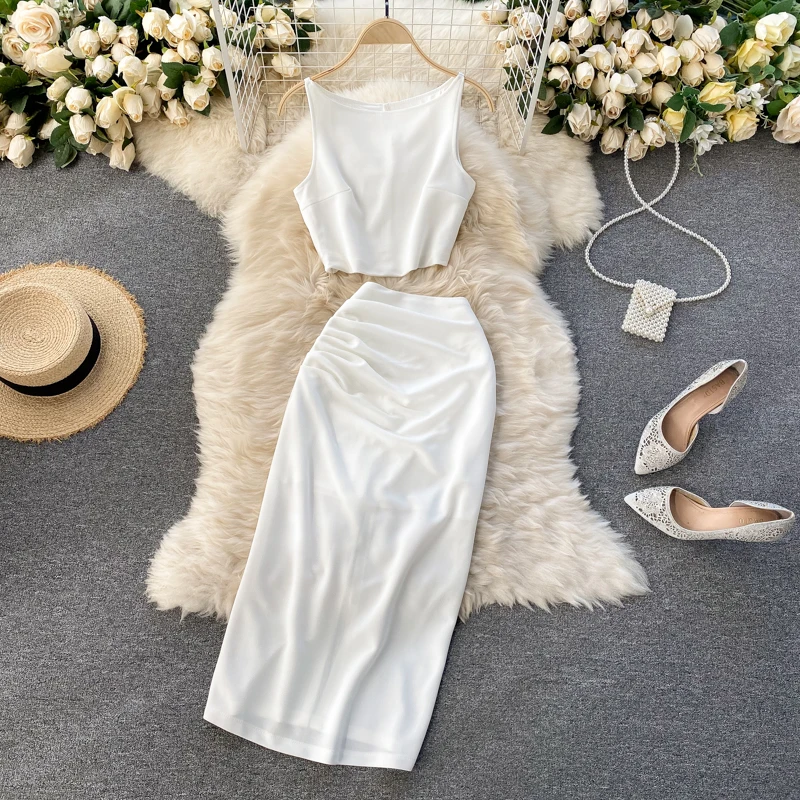 

Summer White/Black Silks Round Neck Elegant Two Pices Set Thin TANK Vest + Bodycon Slim High Waist Ensemble Femme 2 Pièces été