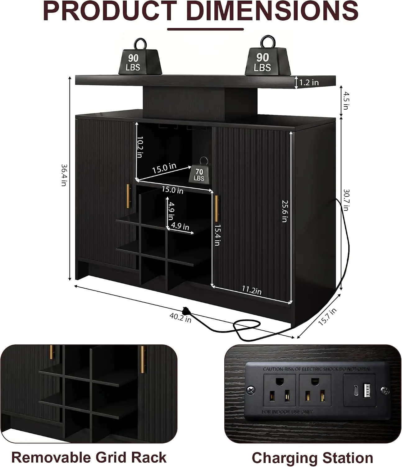 Coffee Bar Cabinet, Wine Storage with Power Outlet & LED Lights, Black