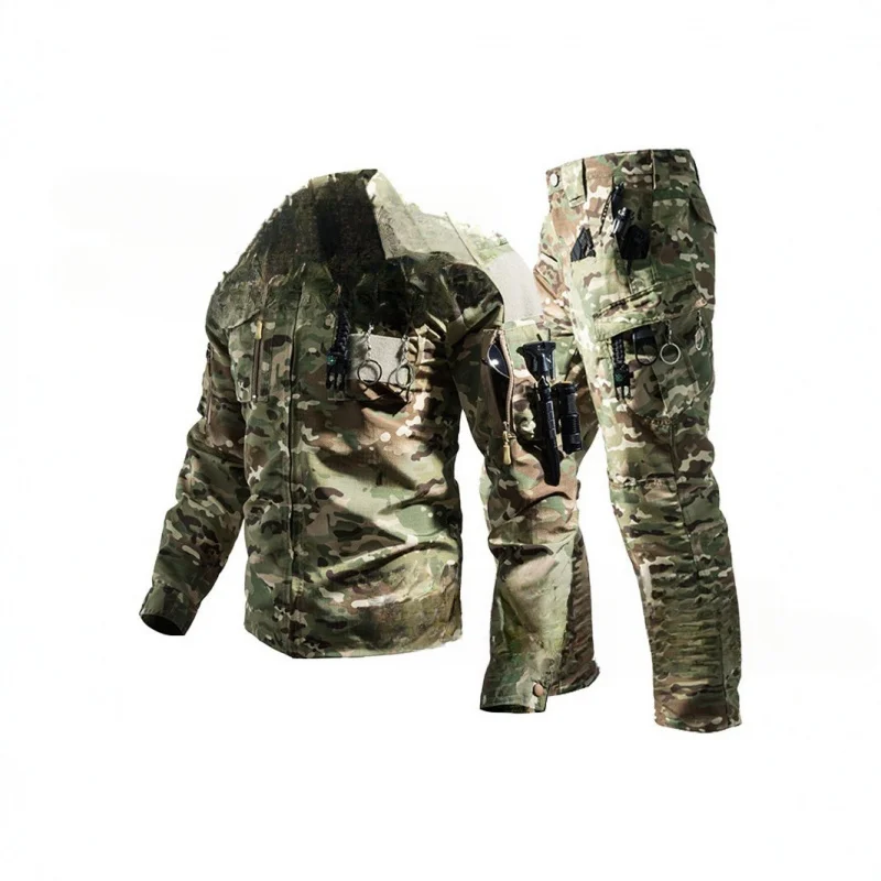 QICHE New Men Spring‑Fall Outdoor Tactical Camo 2‑Piece Suit Multi‑Pocket Abrasion‑Resistant Workwear Jacket Pants