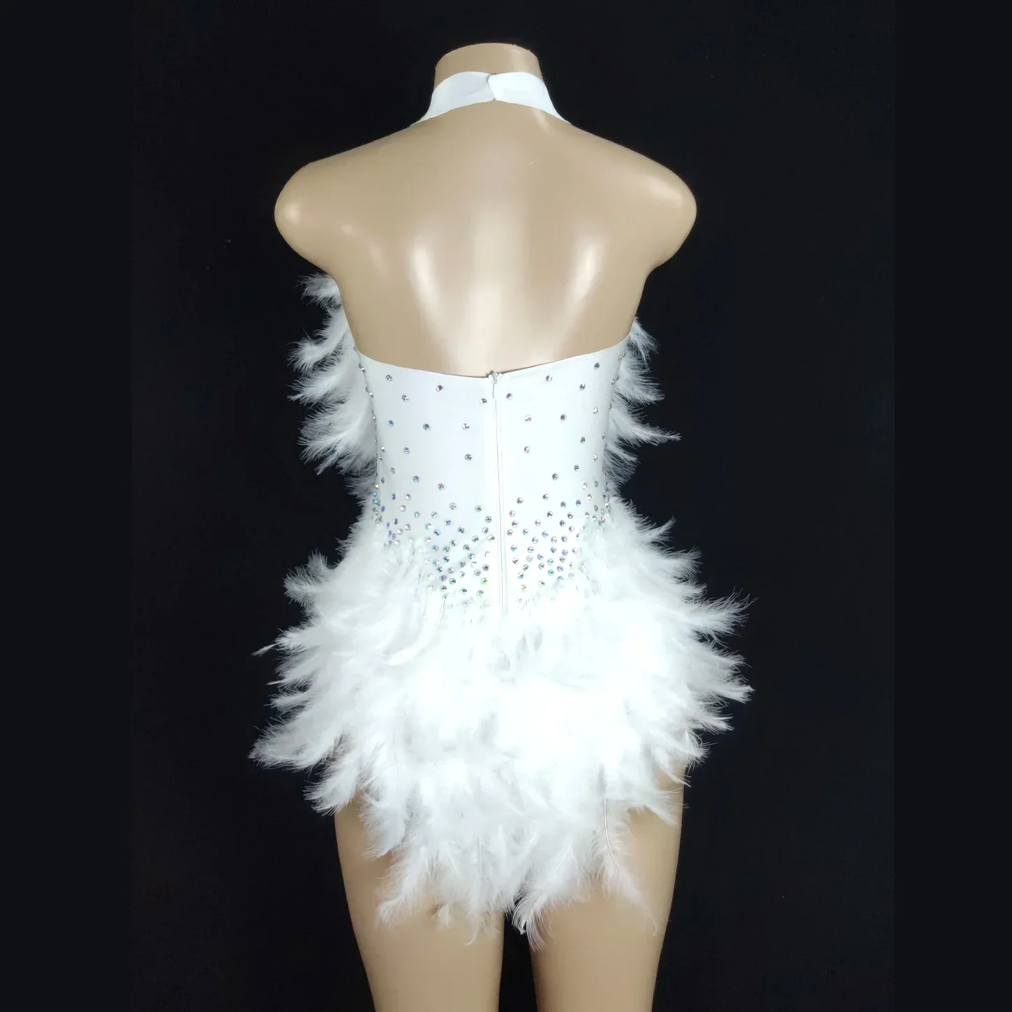 Sexy Suspenders White Feather Dress Colorful Rhinestone Backless Jumpsuit Nightclub Party DJ Stage Performance Costume