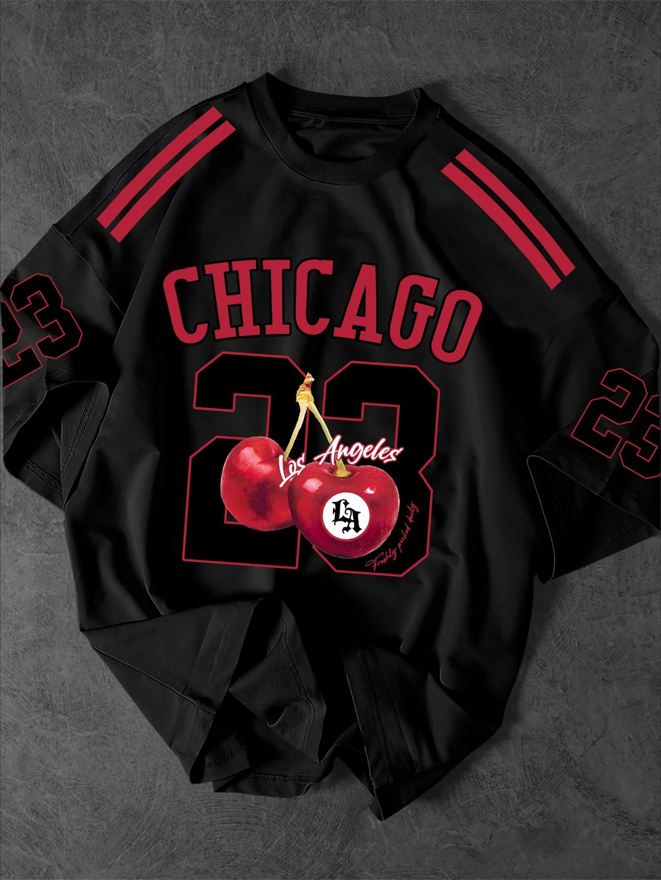 Oversized Vintage Varsity T‑Shirt Men Cherry Fruit No.23 Graphic Shoulder Sleeve Stripe Print Crew Neck Tee Tops S‑XXL