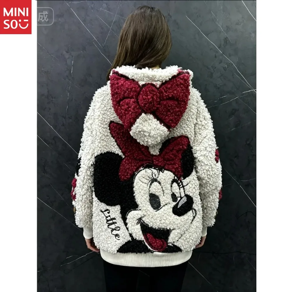 

Mniso 2022, осенне-зимний кардиган с капюшоном из мультфильма Минни из овечьей шерсти, женский свободный повседневный милый топ