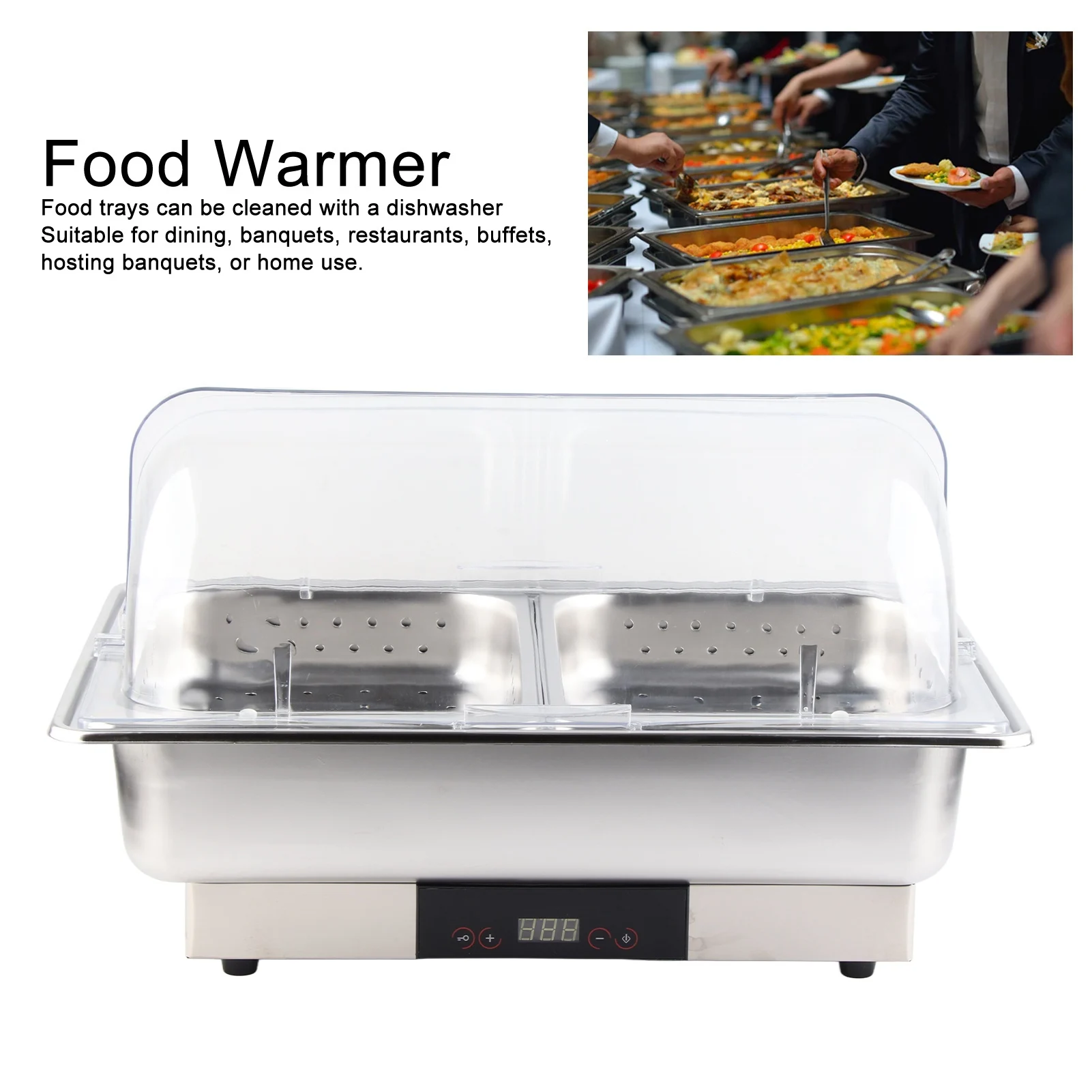 Electric Buffet Warmer Server Temperature Display Transparent Cover Chafing Dish Buffet Set 2 Tray 9L