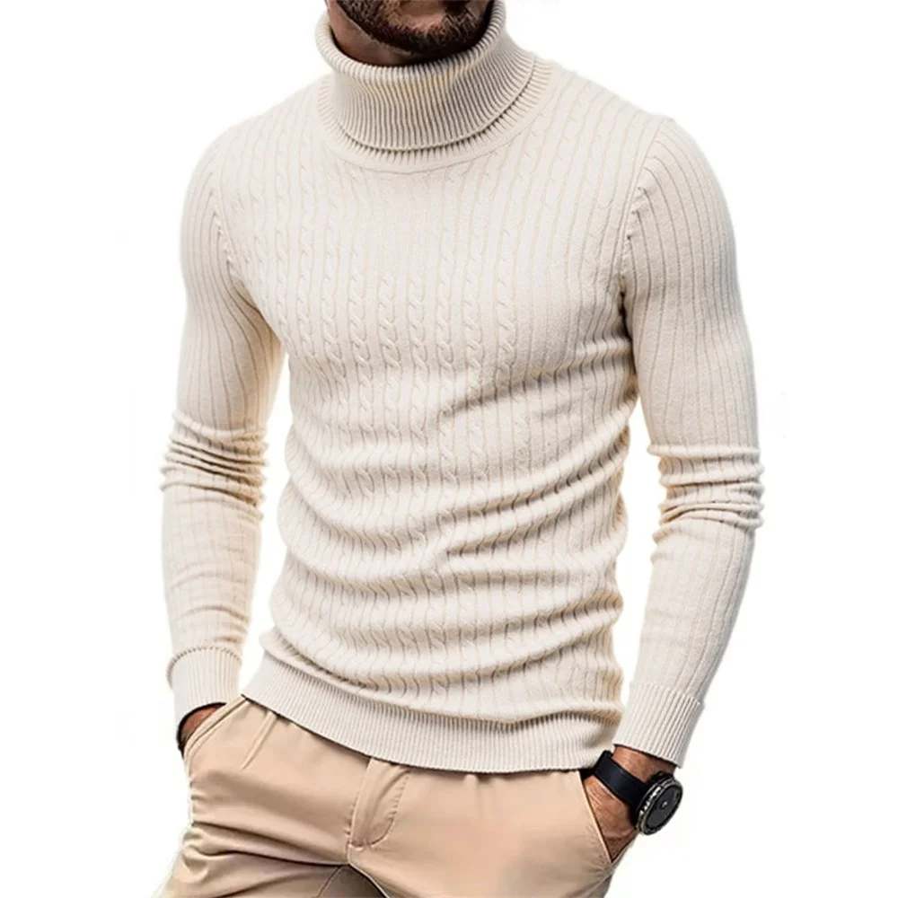 ฤดูใบไม้ร่วงฤดูหนาวผู้ชายเสื้อคอเต่า WARM SLIM FIT ถักเสื้อกันหนาว Jacquard ลายนุ่มเสื้อถักสไตล์พื้นฐาน