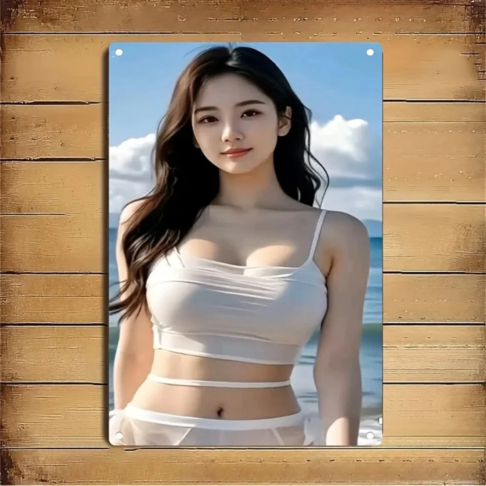 High-Definition Metal Tin Sign Asian Girl in White Beach Outfit at Seaside Vintage Metal Wall Art Decor