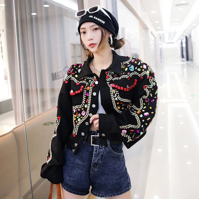 

Rivet Beaded Diamond Black Short Denim Jacket Coat Irregular Single-breasted Long Sleeve Spring Women Jeans Jacket Streetwear