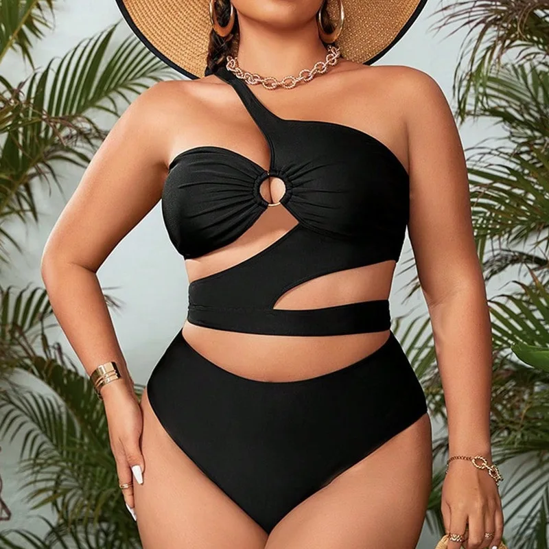 Traje de baño de talla grande para mujer, bañador Sexy con un hombro recortado, conjunto de Bikini con curvas, color negro, 2024