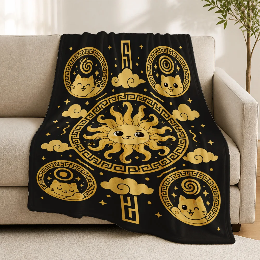 Luxury Throw Blanket Black Sofa Couch Throw Fleece Winter Decor Greek Key Cat Sun Pattern Cozy Plush Knit Home Accent Gift for L