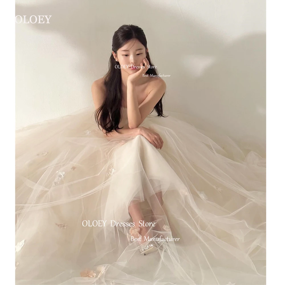 OLOEY Fairy Korea A Line Wedding Dresses Strapless Soft Tulle Flowers Corset Back Bridal Gowns Formal Evening Dress 2024