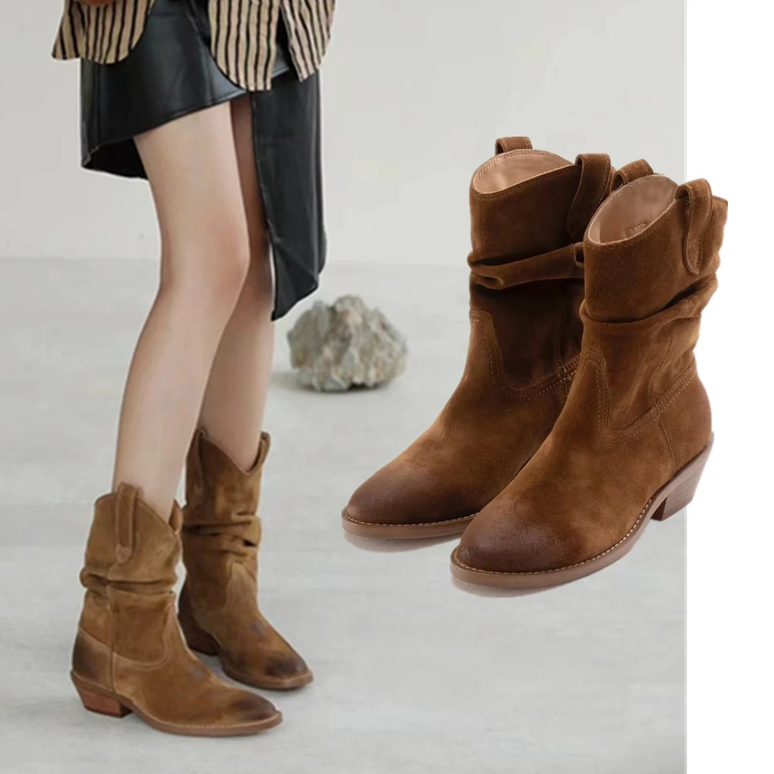 

Withered Brushed Cow Suede Knight Boots Women Western Thick Fashion Retro Casual Heel Boots Shoes Ladies