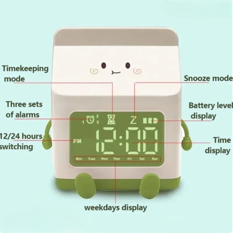 Milk Carton Alarm Clock Multifunctional LED Digital Clock Time Date Week Display Voice Control 3 Alarms Cute Children Bedside