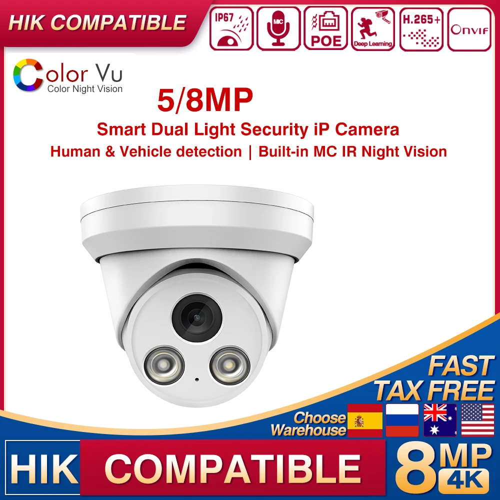 

4K 5MP 8MP Hikvision Compatible PoE IR ColorVu Dual Light IP Camera Motion Detection Security-protection Home CCTV Kamera Alarm