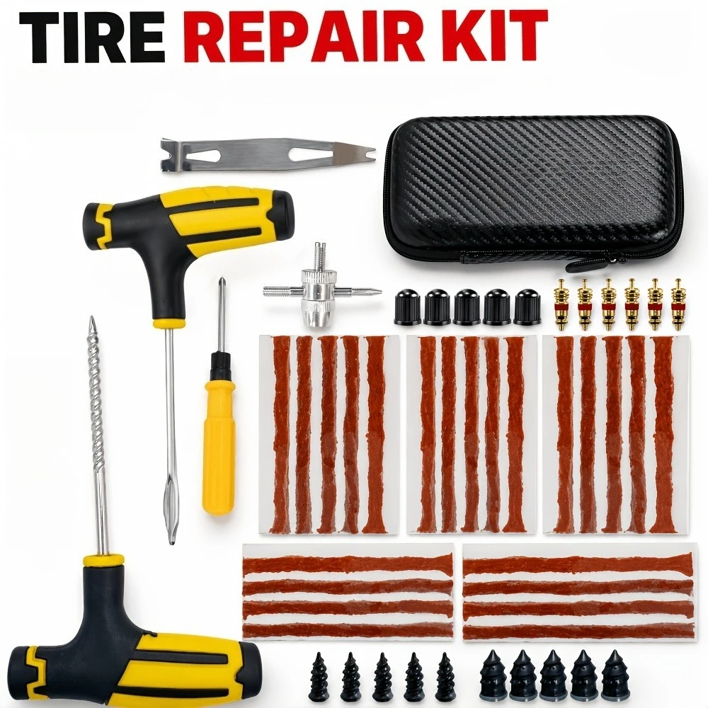 Tyre Repair Kit for Car SUV Motorcycle Truck Bicycle, Reamer Plugger, Repair Strips, Valve Core Remover, Zipper Case