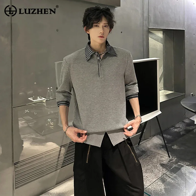 

LUZHEN Fashion Original Fake Two Piece Design Half Sleeve Lapel Pullover Shirts Men's 2025 New Elegant Handsome Clothes JY3373