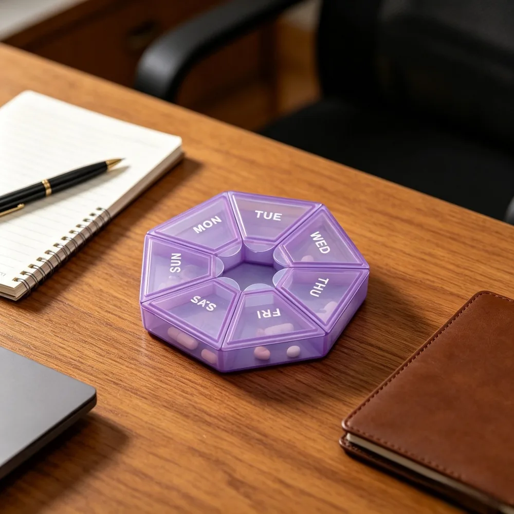 Portable 7 Day Weekly Pill Organizer, Purple Octagonal Travel Pill Box, Daily Medicine Storage Case for Vitamins, Capsules & Supplements, 1 Pack