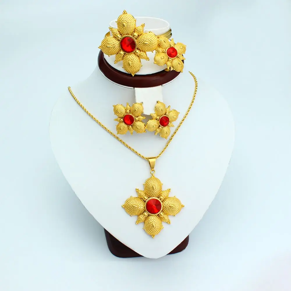 

FS New Ethiopian Wedding Jewelry Set For Women Gold Color Pendant/Earrings/Ring/Bangle Big Red Flower Bridal Accessories
