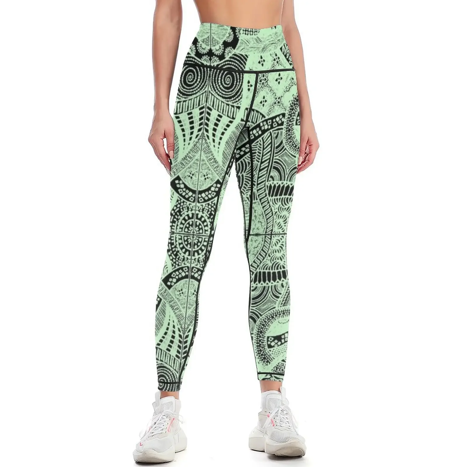 

Green Loops Over Black Abstract Hyperdetailed Zentangle Pattern Leggings legging gym Womens Leggings
