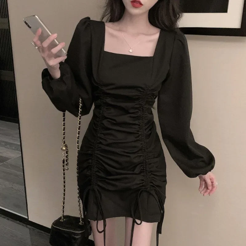 Japanese Lolita Women's Summer 2024 Pullover Square Neck Panel Fashion Solid Color Slimming Folds Drawstring Long Sleeved Dress