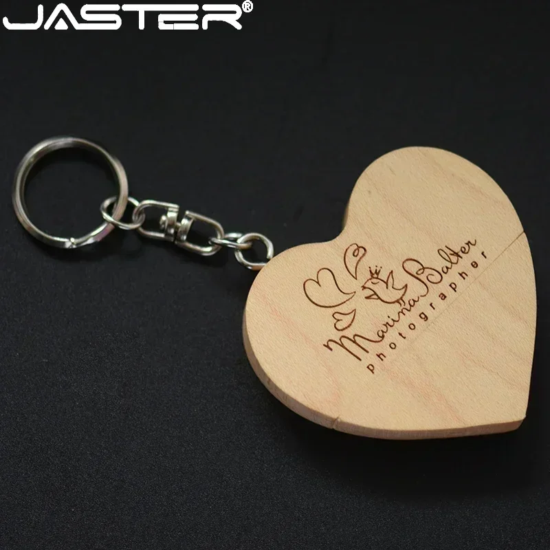 Kostenloses Logo Herz USB 2.0 Flash-Laufwerk 64G Kostenloser Schlüsselanhänger Holz Hochzeitsgeschenk Stiftantriebe 32G Memory Stick Ahorn U Disk