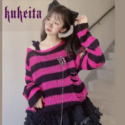 Gothic Sweater Grey Blue Red Green Purple Pink Women Loose Striped Knitted Pullover Punk Grunge Jumper Emo Streetwear Y2k Tops