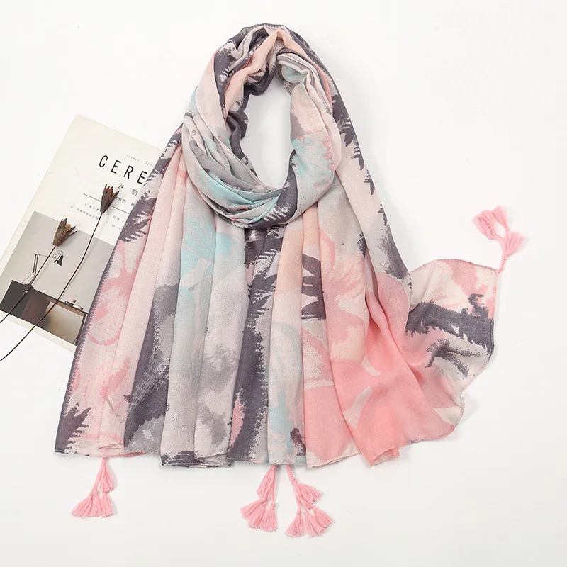 New Cotton Linen Print Casual Shawl for Women, Fresh Soft Fringe Travel Sun Protection Beach Scarf Cross Border