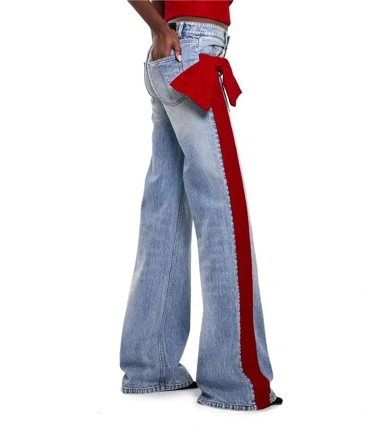 

High Waist Washed Denim Flared Jeans Women Red Side Stripe Bow Accent Casual Wide Leg Streetwear Party Pants