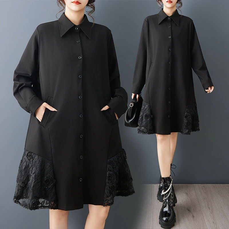 

Black Lace Insert Asymmetrical Collar Dress Spring Fashion Design Sense 3D Flower Embroidery Versatile Ladies Midi Dress