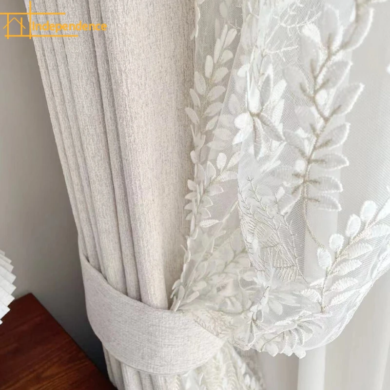 Cream Beige Relief Leaf Embroidered Yarn Splicing Chenille Curtains for Living Room Bedroom Balcony Window Curtains Customized