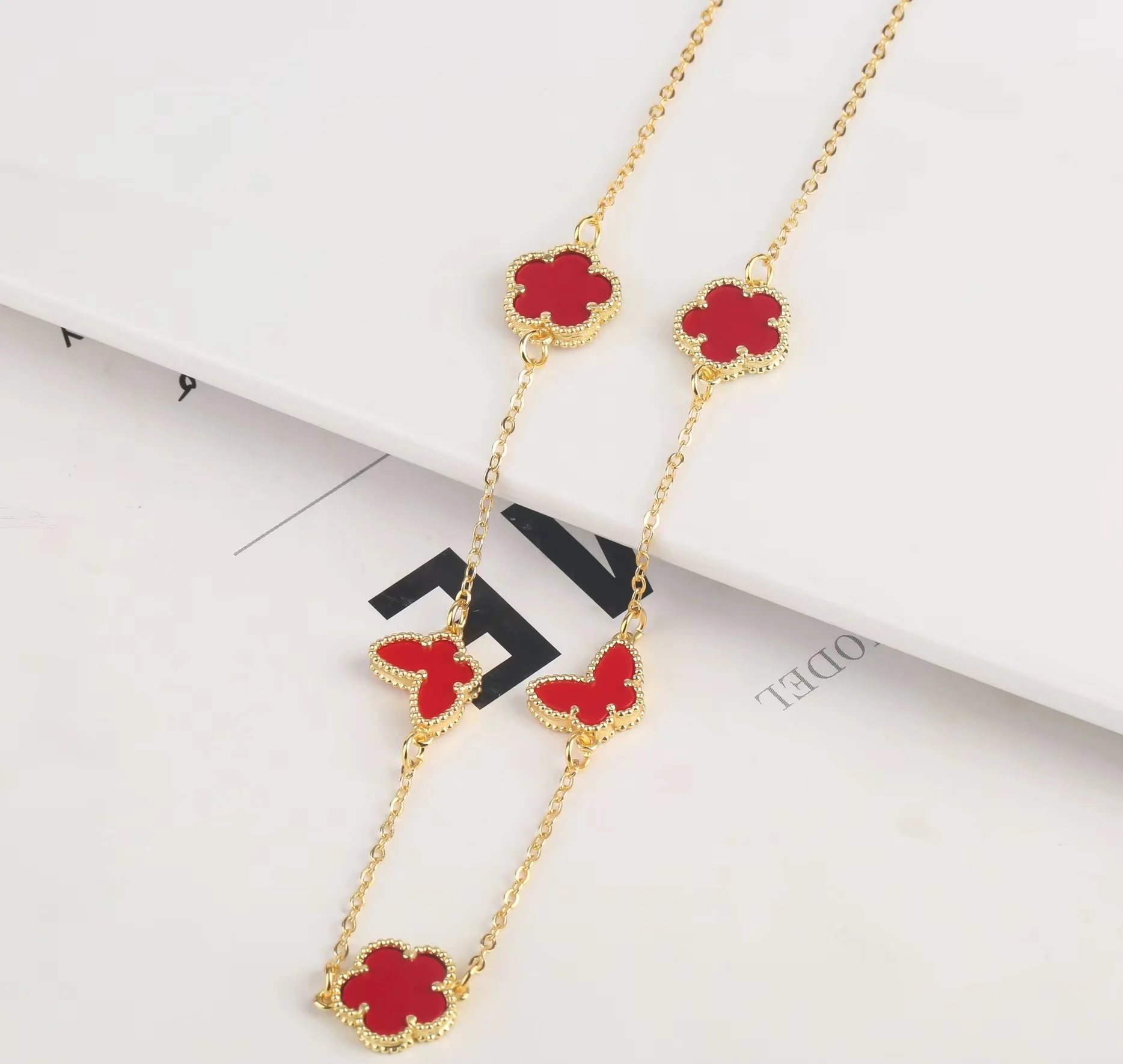 Cute Sweet Creative Butterfly Flower Natural Stone Bracelet Necklace Jewelry Set for Women Luxurious 18K Gold Plated Simple