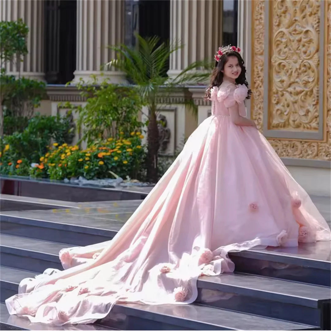Customized Pink Flower Girl Dress Pearls Rose Flowers Trailing Short Sleeve For Wedding Birthday Party Banquet Princess Gown