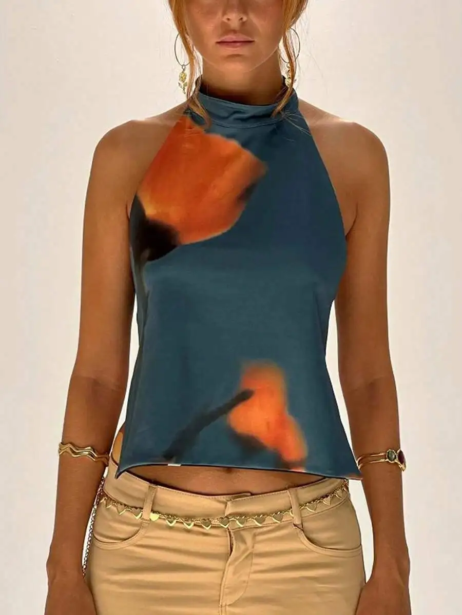 

Women Halter Neck Sleeveless Tank Top With Floral Print Summer Casual Cami